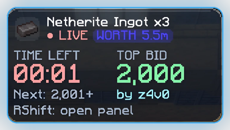 The auction card that stays on screen while an auction runs