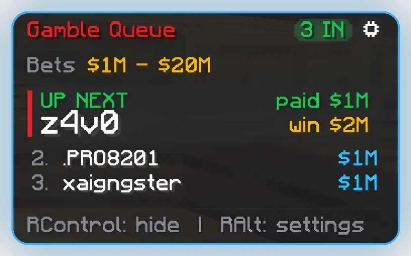 Gamble queue card showing the next player and what they win